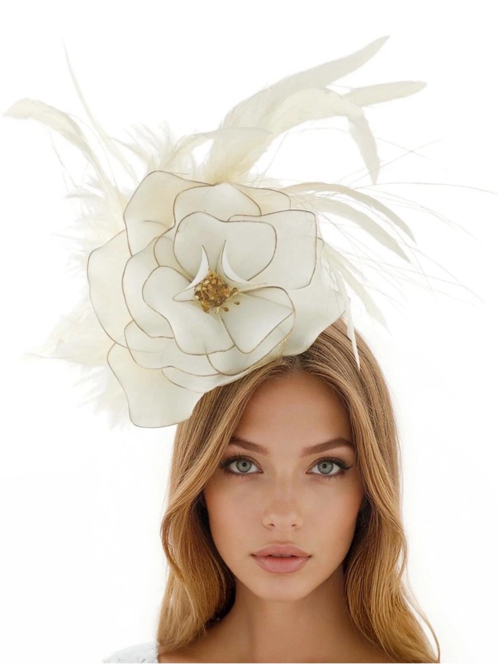 Elegant Ivory & Gold Floral Feather Fascinator